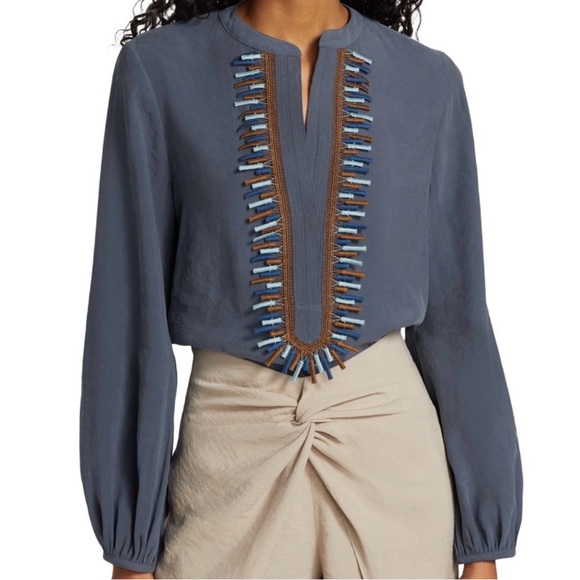 Silvia Tcherassi Triora Split Collar Blouse Top Women's Size XS Blue Embroidered - Picture 2 of 12